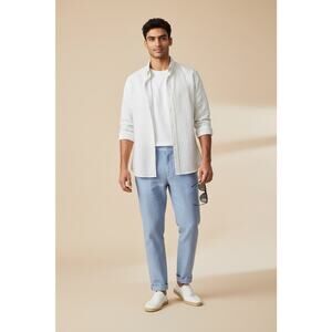 Abercrombie & Fitch Men's XL Pinstripe Shirt - Cream & Navy - Soft Cotton Blend